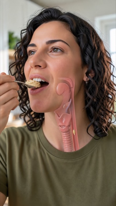 3D view of a bite of hummus traveling down the throat